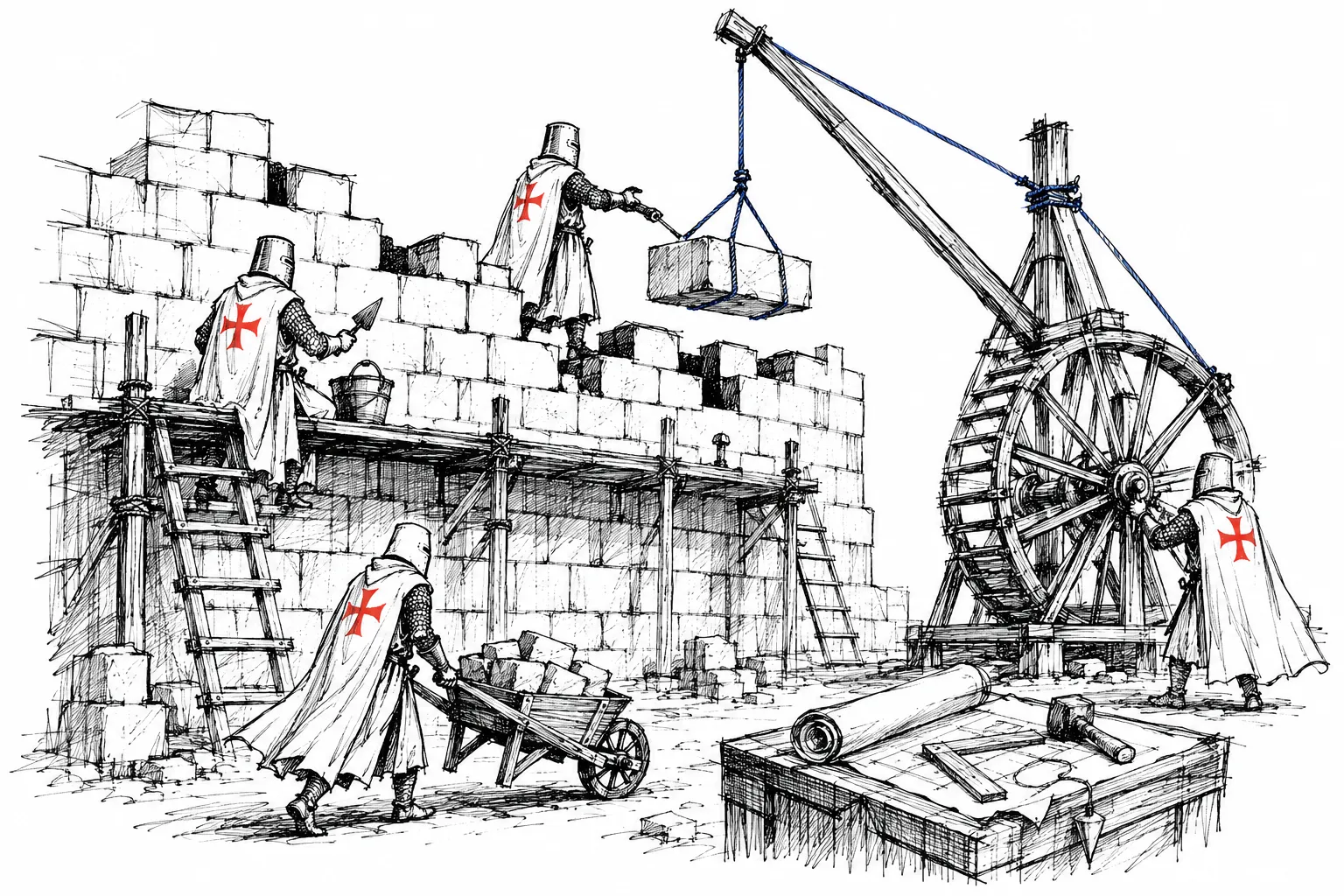 Ilustracja: templariusze budujący mur zamku z dźwigiem kołowrotowym