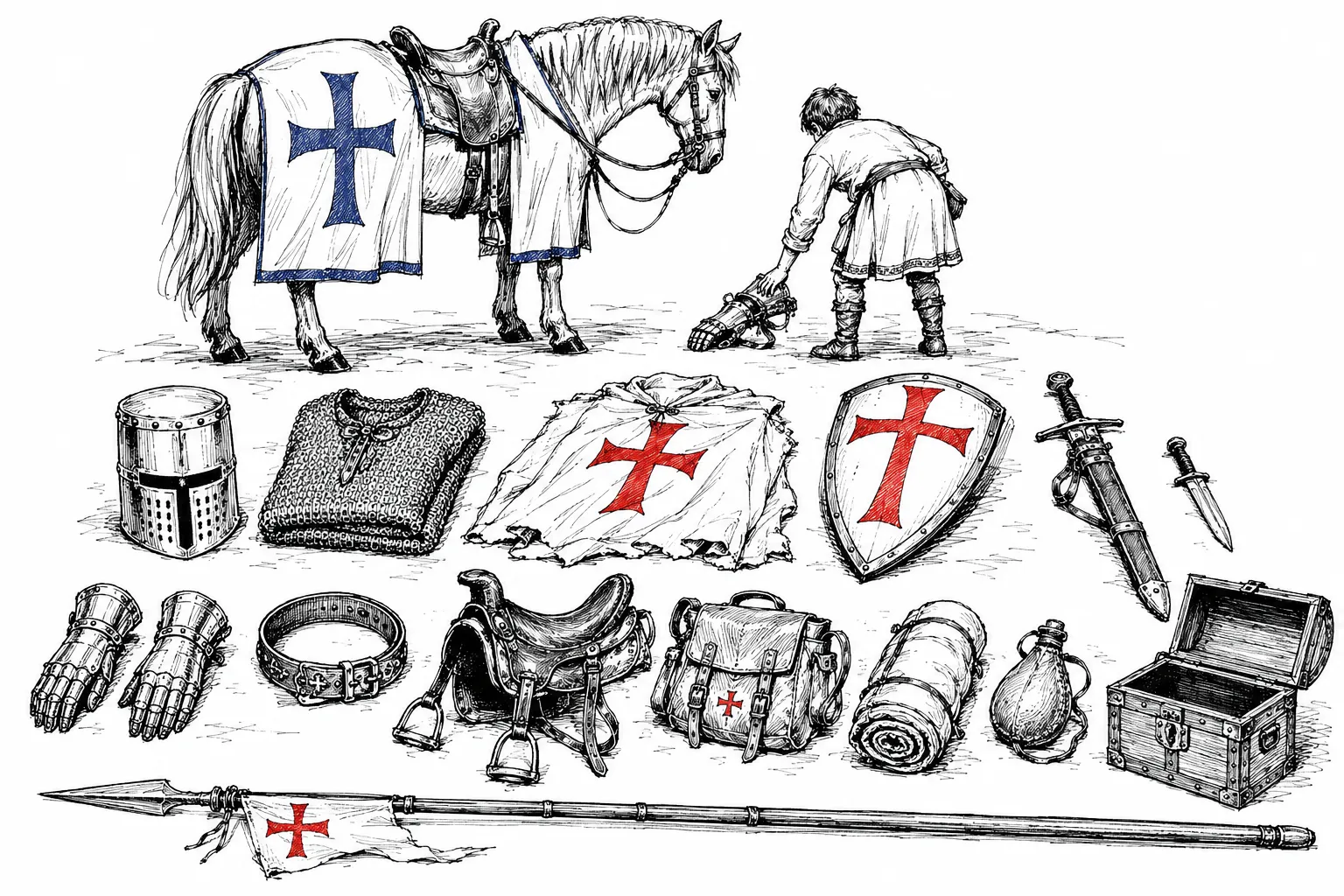 Ilustracja: rozłożony ekwipunek templariusza — zbroja, tarcza, miecz, juki